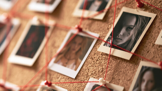 Crime investigation board displays pinned portrait photos linked by red string across cork, suggesting mystery research and suspect connections. Selective focus.