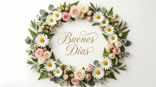 Floral wreath with daisies and roses surrounding Spanish greeting