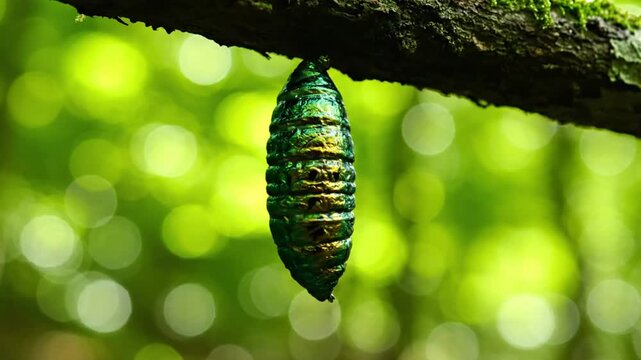 Iridescent pupa of a Jewel Beetle hanging from a tree branch in a sunlit forest scene, transformation