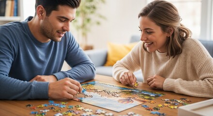 Fototapeta premium Couple puzzling together with colorful jigsaw pieces on wooden table. Engaging moments of couple puzzle solving create lasting memories and strengthen bonds.
