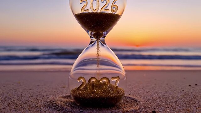 Sand-filled hourglass resting on a serene beach at sunset proclaiming the year 2026