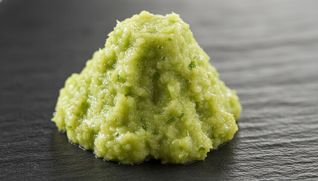 Freshly grated authentic Japanese Hon Wasabi root paste macro texture