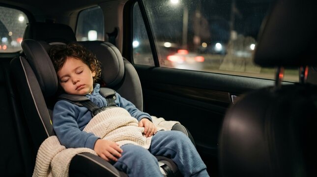 Little boy sleeping in a car seat during a nighttime road trip
