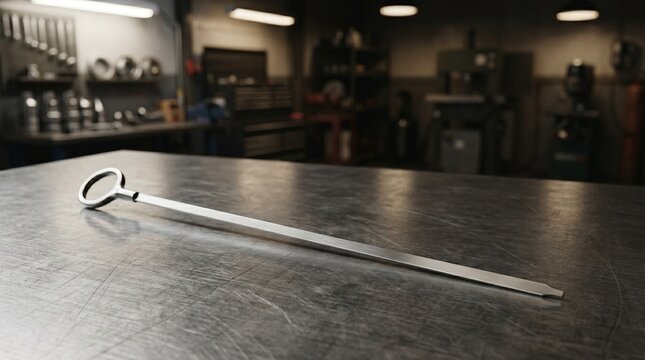 Metal dipstick tool on a scratched steel workbench in a workshop