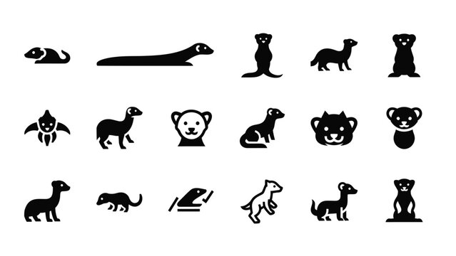 Set of cute black and white flat animal icons for a variety of designs including weasels, ferrets, mongooses, and badgers.