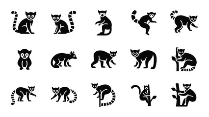 Naklejka premium Lemur silhouette icons depicting ring-tailed animals climbing and playing.
