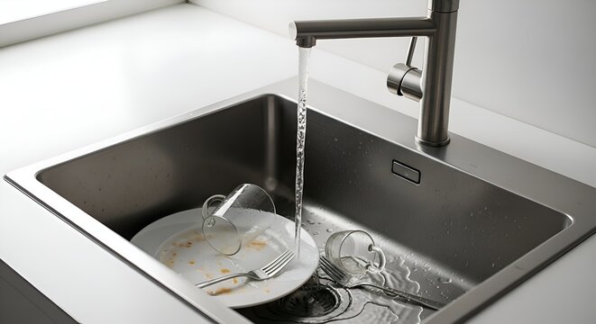 Dirty dishes in sink with running water, kitchen chores