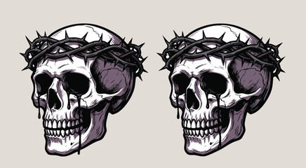 Fototapeta premium Illustration of two skulls with thorn crowns on light background