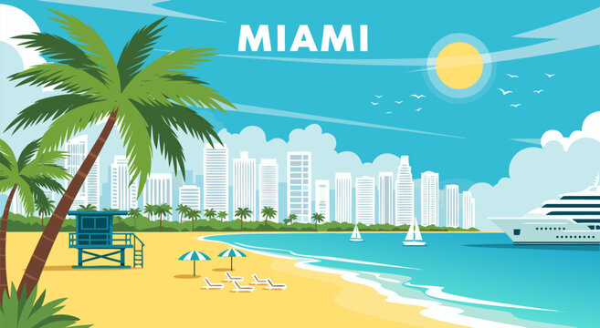 Vibrant vector illustration of Miami cityscape and its famous beach, showcasing a sunny tropical vacation destination