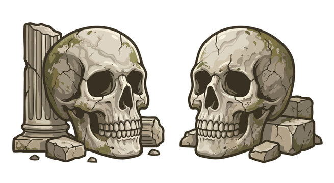 Ancient skulls and broken columns in a historical illustration