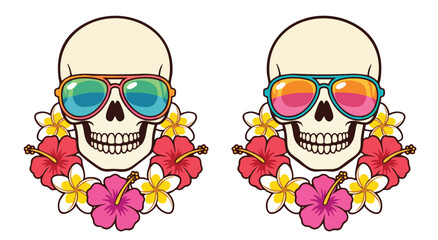 Colorful skulls wearing sunglasses with tropical hibiscus flowers © colorshapppy