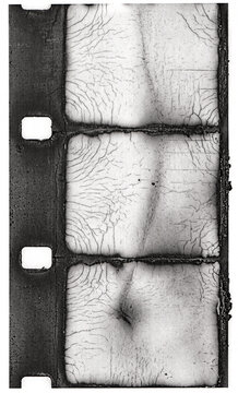 Vintage 16mm film strip printed on paper with blank frame placeholder aesthetic and distressed analog texture. Scanning paper style.