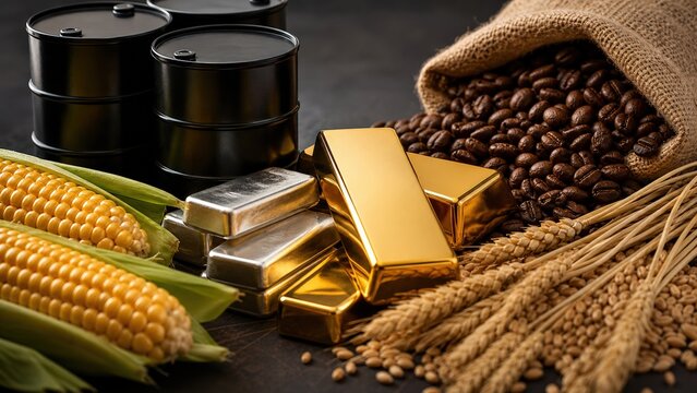 Global Commodity Market Collection Showcases Wealth and Resources Through Gold Bullion Oil Barrels Agricultural Harvest Grains and Precious Metal Ingots