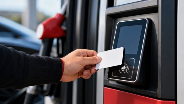 Person holding a white credit card near a contactless reader at a fuel pump illustrating modern payment technology in the energy sector