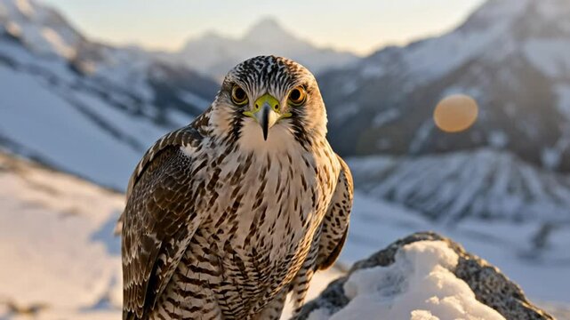Majestic falcon perched on snowy rock with stunning mountain backdrop at sunrise or sunset