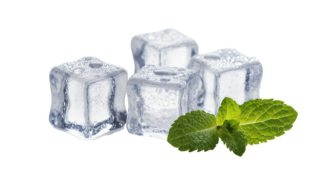 Clear ice cubes with fresh green mint sprig
