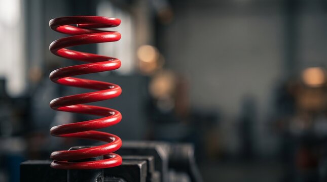 Red metal coil spring standing in a workshop for mechanical repairs