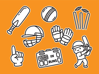 Fototapeta premium Cricket sports equipment and player icons on orange background with equipment competition gameplay