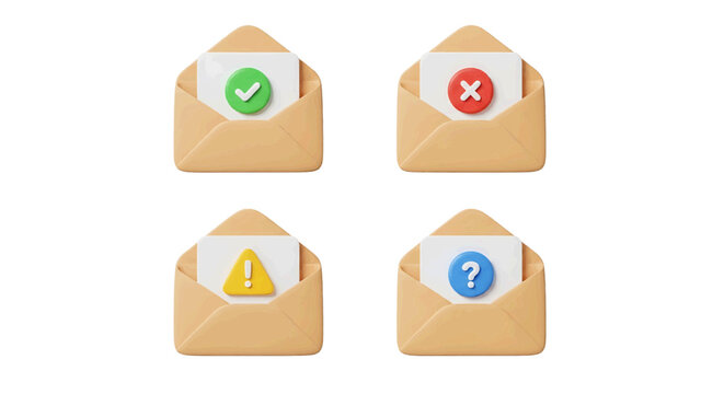 Vector illustration of 3d open envelope icons with status symbols on a transparent background