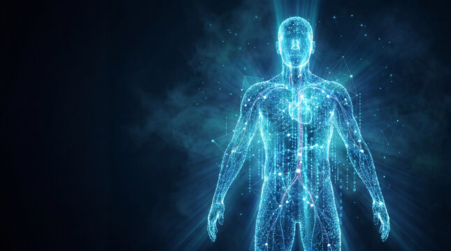 Glowing Digital Human Silhouette Made of Blue Light Particles and Data Streams with Network Nodes on Dark Background, Digital Identity and AI Technology Concept, 3D Render
