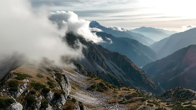 Epic cloudscape over jagged mountain peaks with lush valleys and sunlight in the distance