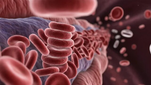 Microscopic view of blood cells flowing through a vein, medical animation of human blood circulation
