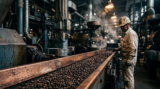Worker overseeing coffee bean roasting process in industrial factory setting with steam and machinery.