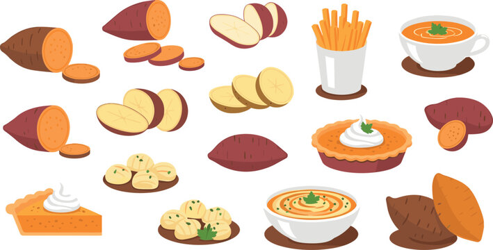 Detailed Vector Illustration Set of Sweet Potato Dishes Including Fries Soup Pie and Sliced Raw Batata