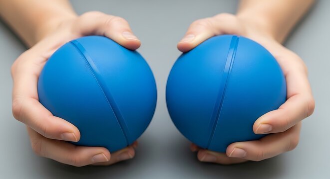 Hands holding blue stress balls tightly.