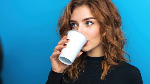 Slow zoom tracking shot woman sipping coffee from takeaway cup in studio with blue background