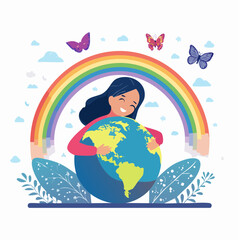 Naklejka premium Girl Hugging Planet Earth Under Rainbow with Butterflies