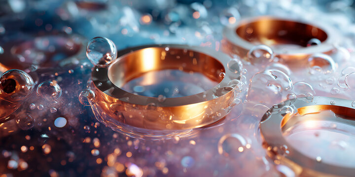 metallic parts in chemical bath for electroplating process with iridescent reflections and bubbling liquid in factory
