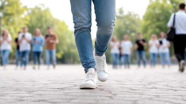 Tracking shot of person walking toward camera on paved park walkway with blurred pedestrians and trees in background during daytime spring