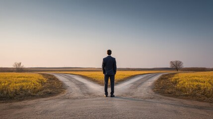 Obraz premium Man in suit standing on a split road