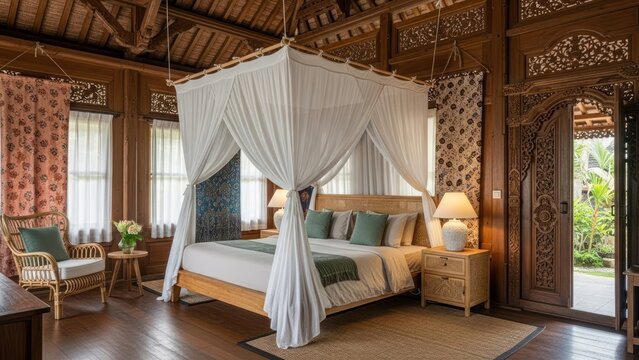 Luxurious Balinese bedroom with a canopy bed and traditional wooden decor.