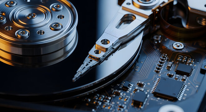 Macro Close-up of Hard Disk Actuator Arm and Spindle on Circuit Board