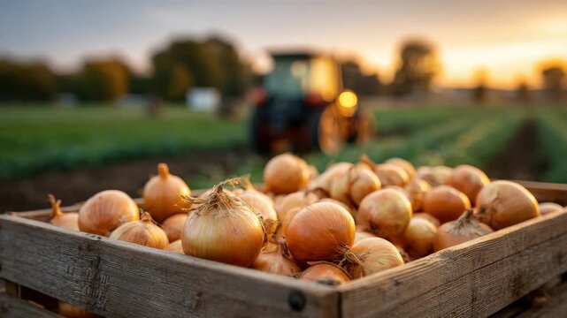 Fresh onion harvest in wooden crate at sunset on farm field with blurred tractor in background, rustic rural agriculture scene optimized for SEO, searchability, and natural video title use