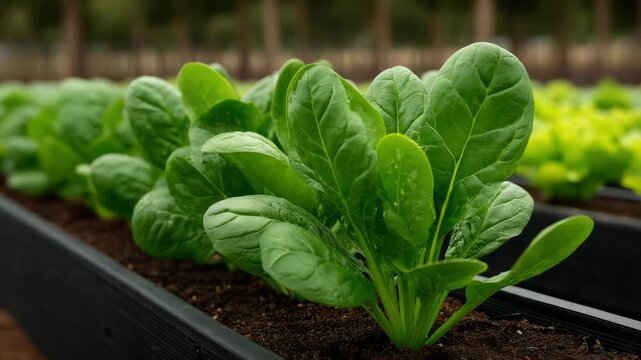 Spinach leafy green plant garden soil row cultivation organic fresh raised garden bed, fresh green spinach plant growing soil with natural light, spinach plant green leaf garden bed fresh vegetable