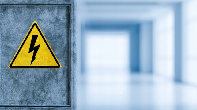 A caution sign with a lightning bolt warning is attached to a gray textured surface
