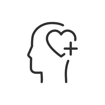 Head with heart and plus, linear style icon. Mental health support and emotional care. Editable stroke width