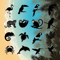 Obraz premium Tropical wildlife silhouettes on beach.