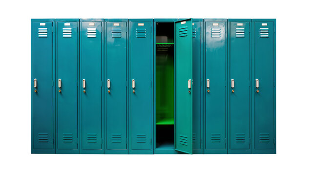 Teal metal school lockers row with open door