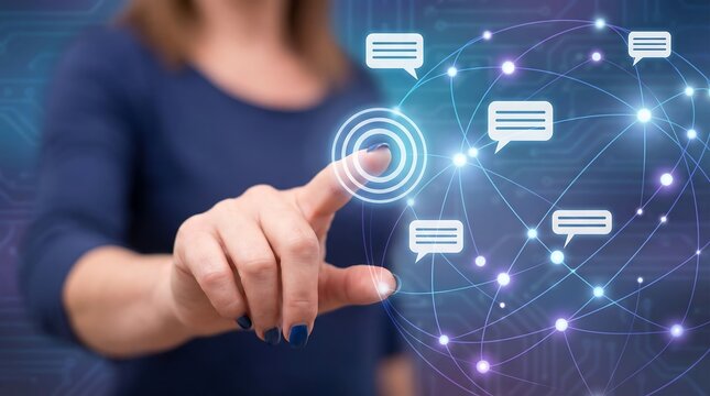 woman interacting with a digital network of speech bubble icons on a glowing blue interface high quality professional detailed modern elegant stylish clean crisp