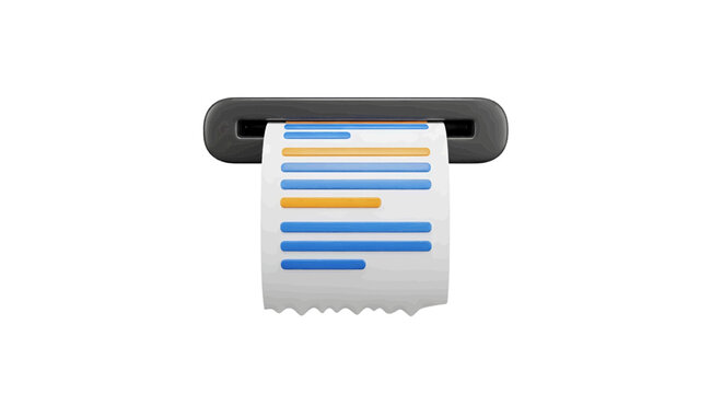 Vector illustration of 3d illustration of a receipt printer dispensing a paper bill with text on a transparent background
