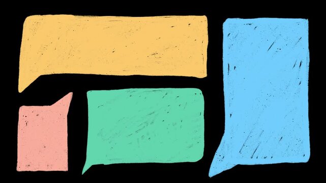 Animated hand drawn colorful Speech Bubble frames with rough crayon texture. Playful geometric layout shapes appearing and disappearing in motion for overlays, banners and social media Dialog Chat