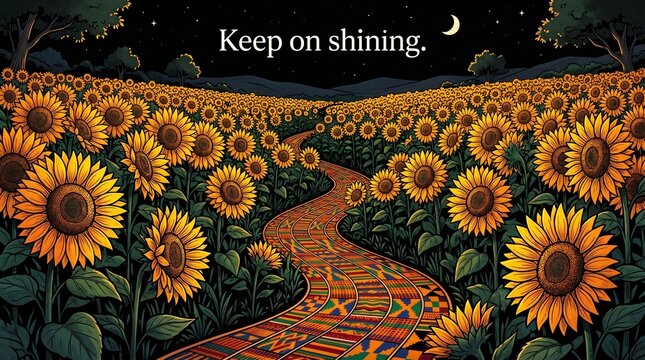 Keep on Shining Sunflower Field at Night Illustration, Winding Path through Sunflowers with Crescent Moon and Stars