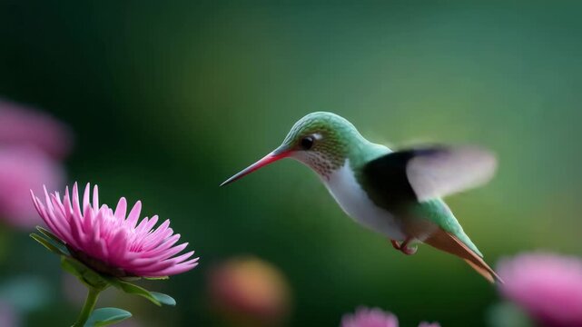 Hummingbird near pink flower in green garden, flying with delicate wing and long beak, nature wildlife scene with soft blur background, flower pollination, nectar feeding, colorful spring bloom