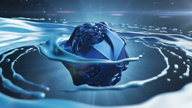 Abstract 3D render of a blue gemstone erupting from a swirling pool of water with sparkling light and fluid motion.