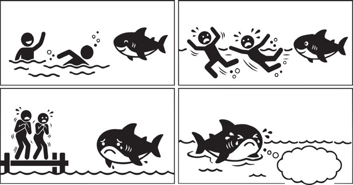 Four-panel comic strip where a friendly shark approaches swimmers to play, causing them to flee in fear and leaving the shark lonely and sad.