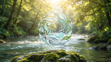 Obraz premium A luxury eco water logo featuring transparent liquid, set against a backdrop of natural scenery